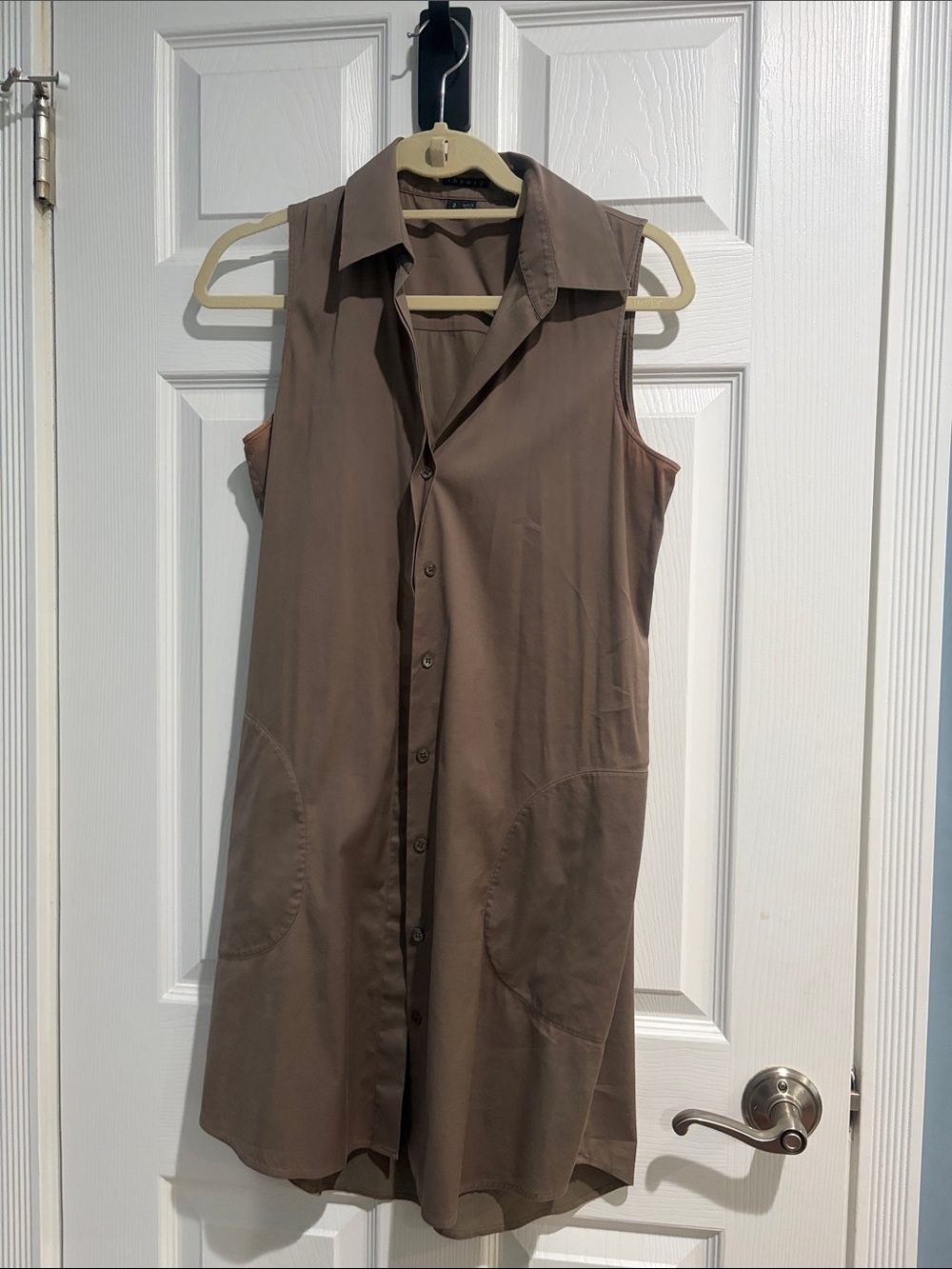 Theory Taupe Sleeveless Button-Down Shirt Dress